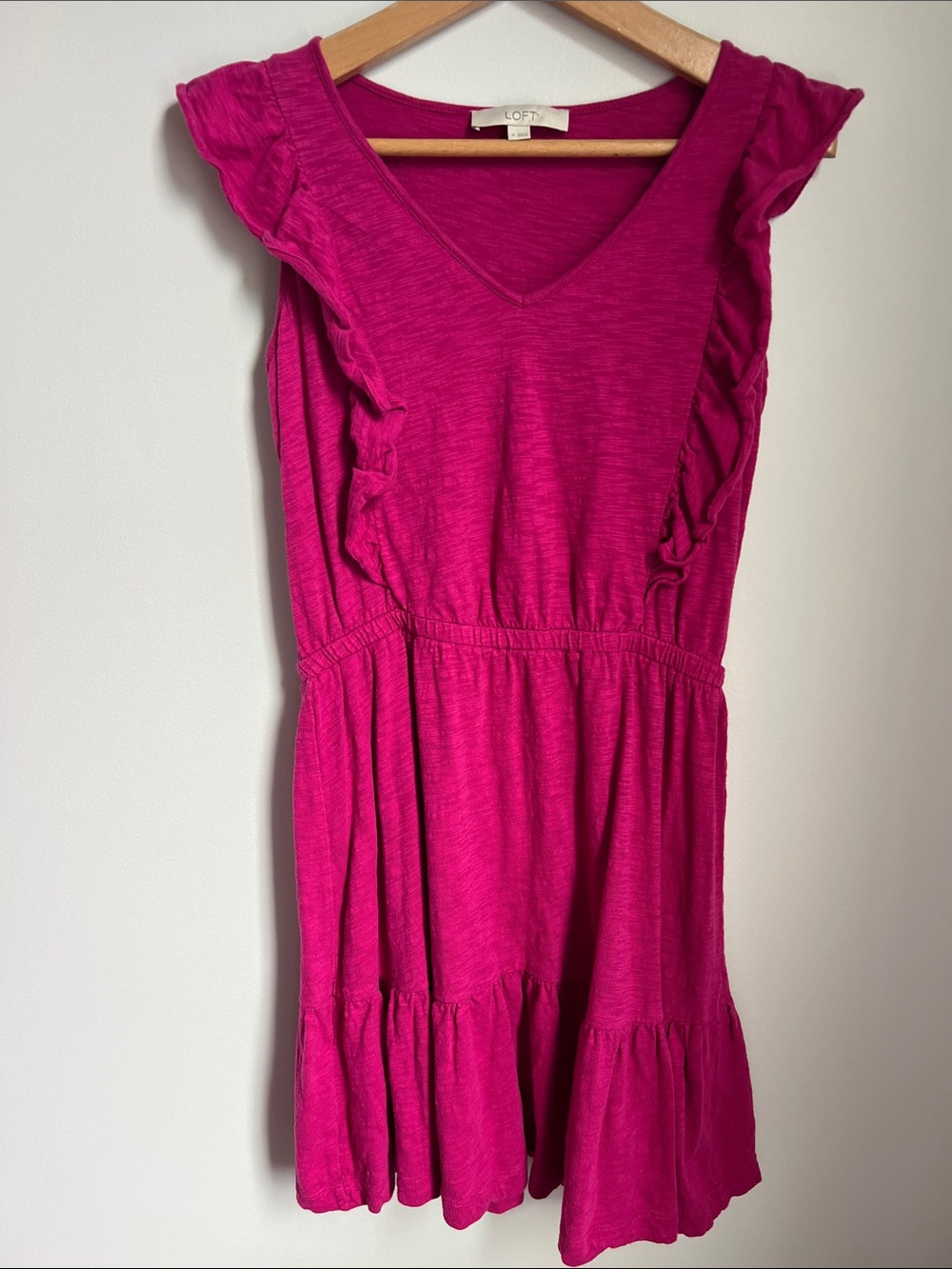 LOFT | Women’s Bright Fuchsia Ruffle Cap Sleeve 100% Cotton Summer Dress Size M